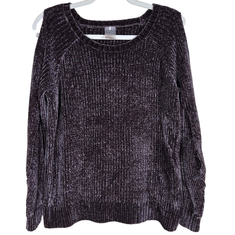 CALIA Chenille Sweater Womens Small Plum Purple Ribbed Knit Open Shoulder Cutout